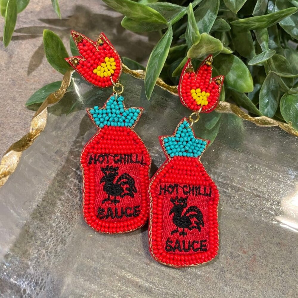 Hot Chili Sauce Flames Seed Beaded Statement Foodie Bottle Drop Earrings NEW